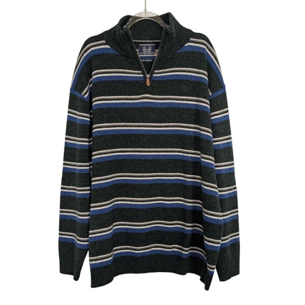 Paul Kehl Lambswool Stripe Sweater Mens Size XL Green 1/4 Zip Mock Neck Pullover